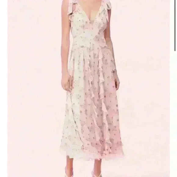 Rebecca Taylor Leander floral metallic clip midi dress in pink silk - Picture 8 of 13